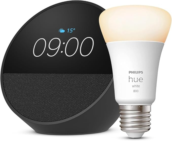 Echo Spot | Black + Philips Hue White E27 Lamp, Compatible with Amazon Alexa - Smart Home Starter Pack