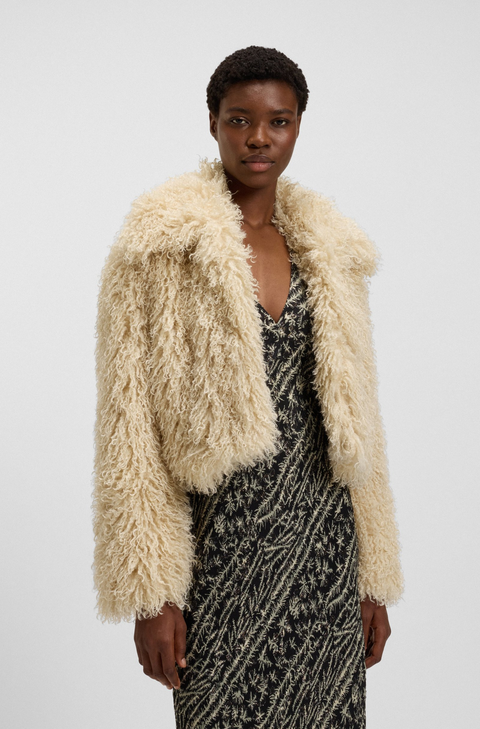 BOSS Cropped jacket in Mongolian faux fur
