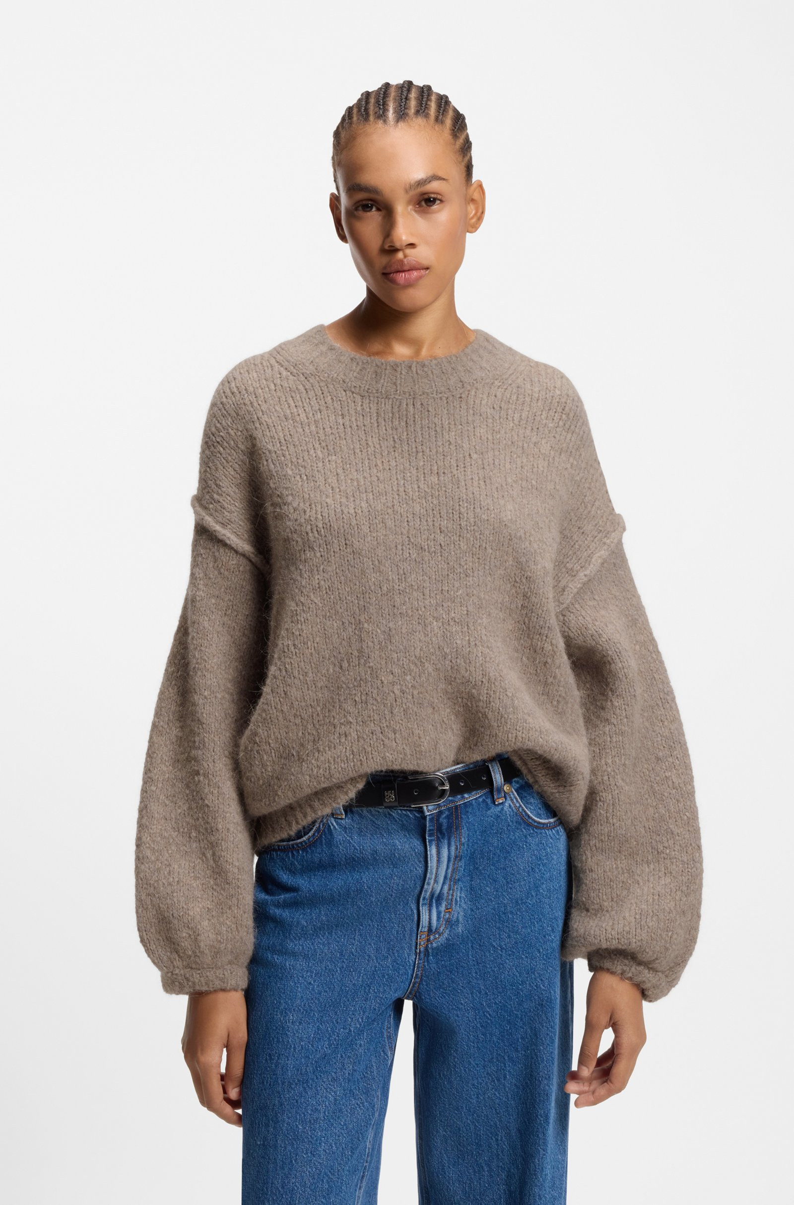 HUGO Oversized-fit knitted sweater with puff sleeves