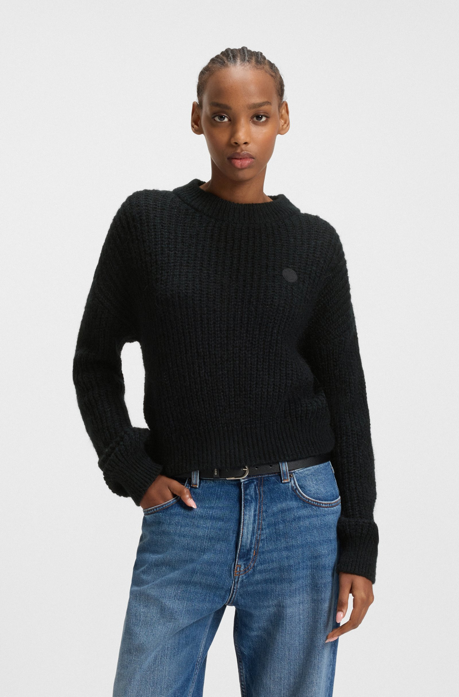 HUGO Relaxed-fit knitted sweater with Happy HUGO badge