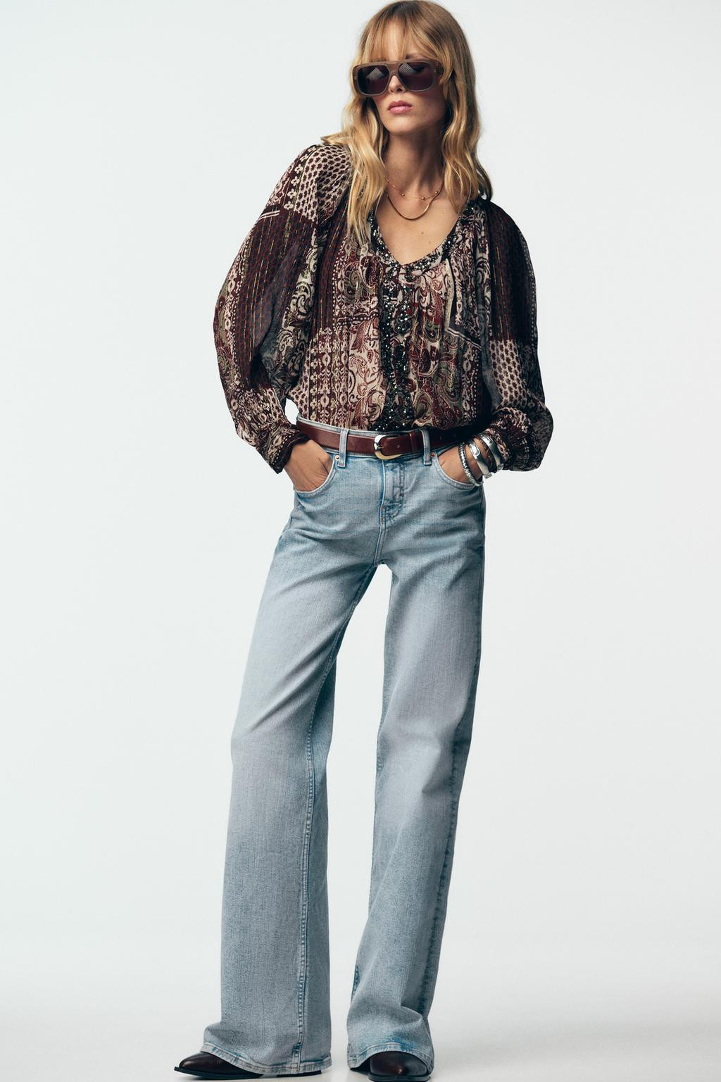 Zara BEADED BLOUSE WITH METALLIC THREAD PRINT