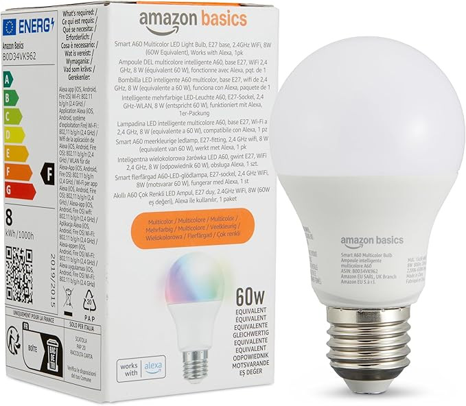 Amazon Basics 1 x A60 Smart LED Light Bulb Colour Changing E27 2.4GHz WiFi 8W (60W Equivalent) Only Works with Alexa - Multi-Colour