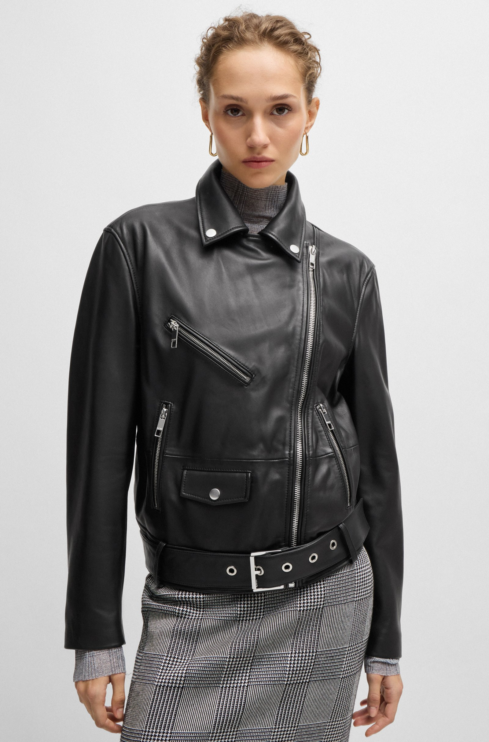 BOSS Leather jacket with belt and asymmetric zip
