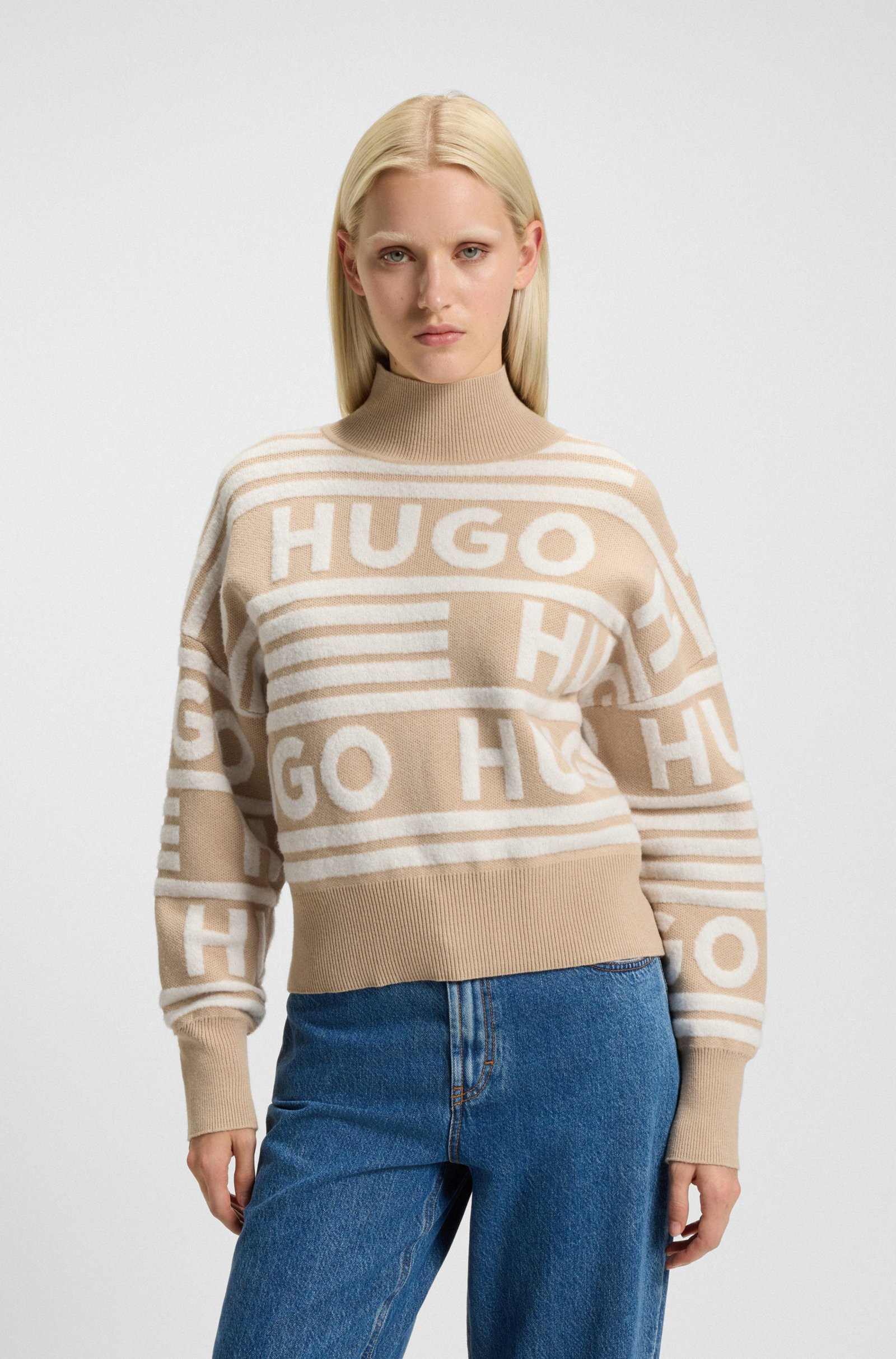 HUGO Logo-jacquard oversized-fit sweater with mock neckline