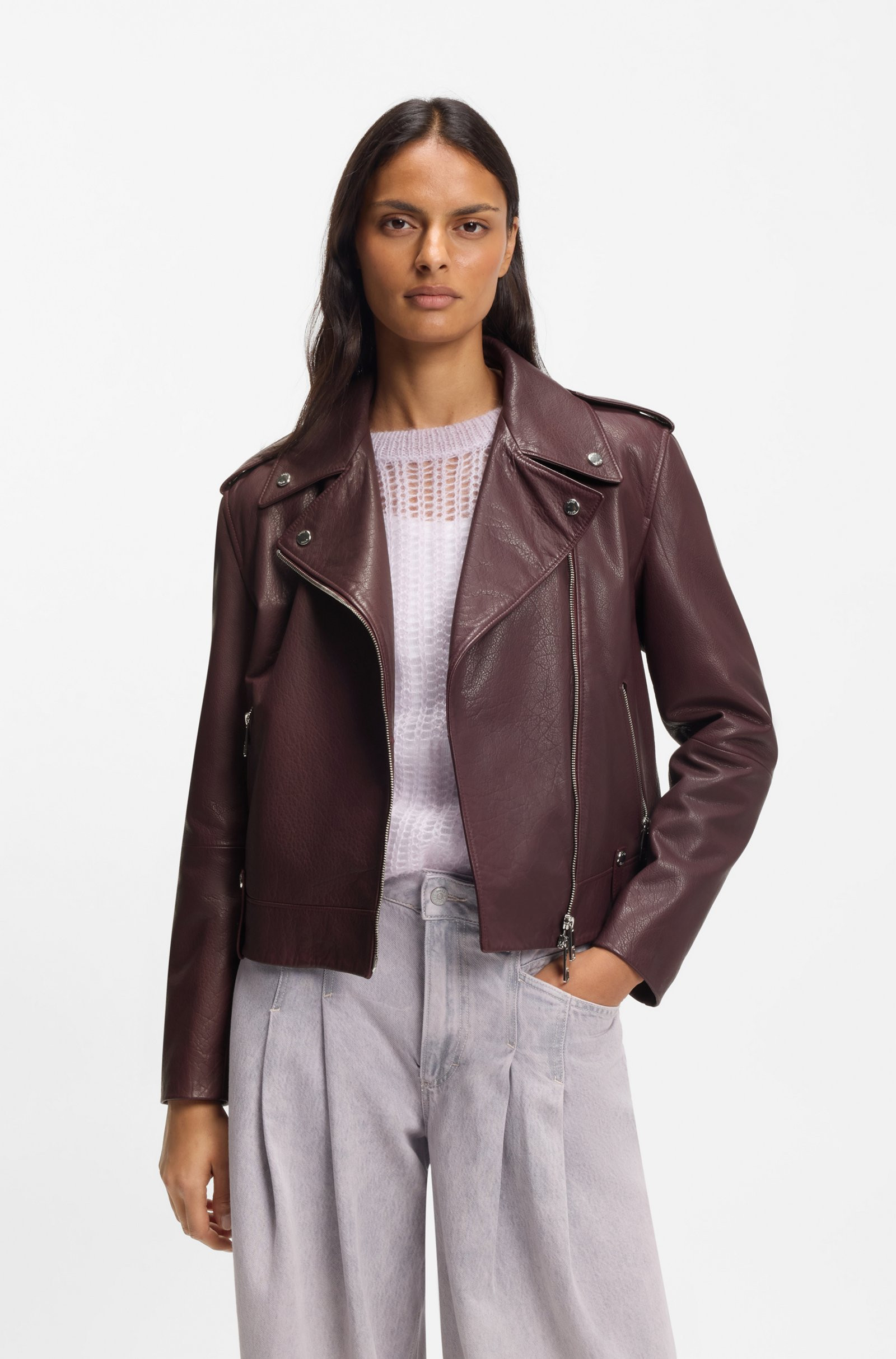 BOSS Grained-leather biker jacket with zips and studs