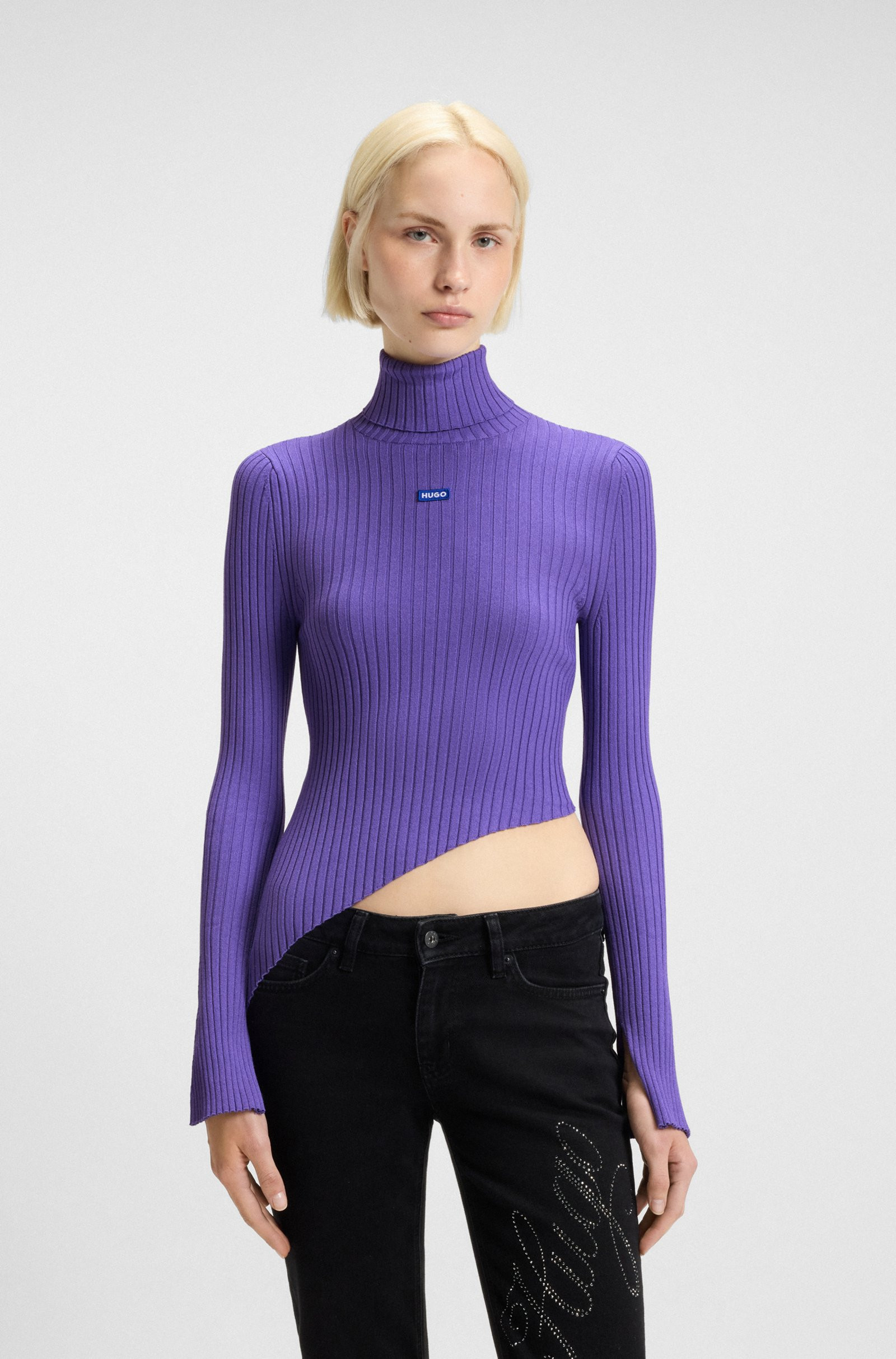 HUGO Logo-badge rib-knit sweater with asymmetric hem