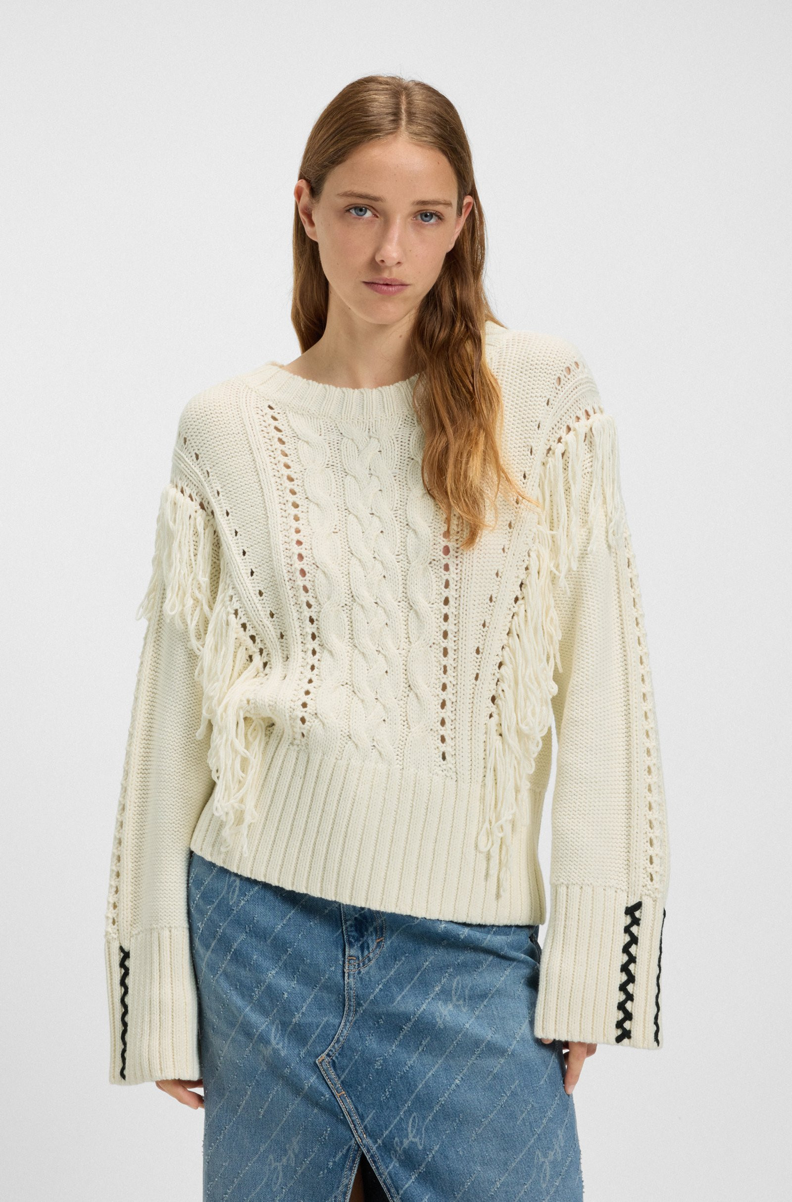 BOSS Cotton-blend sweater with cabling and fringing