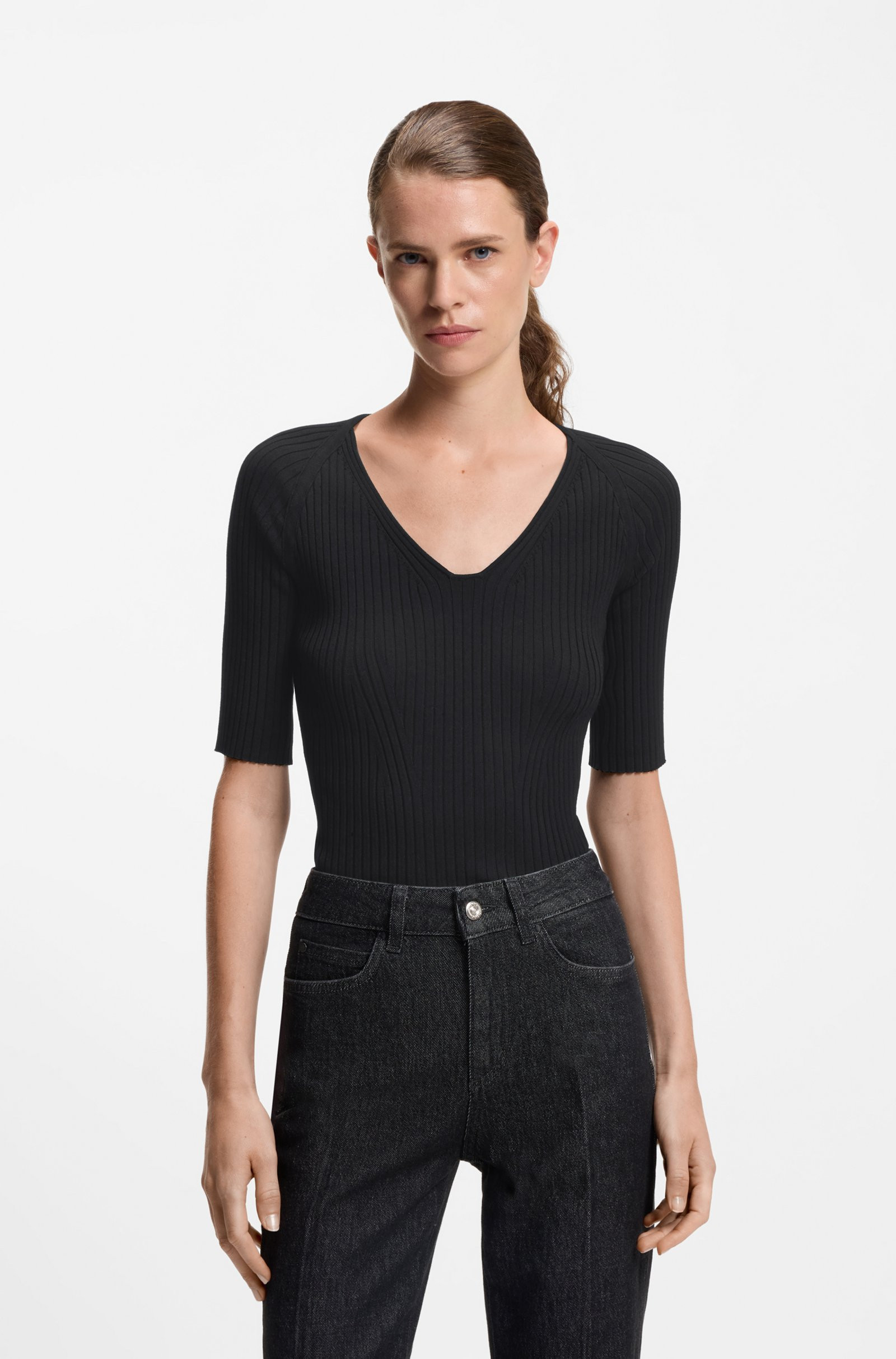 BOSS Structured-knit T-shirt with tonal button trims