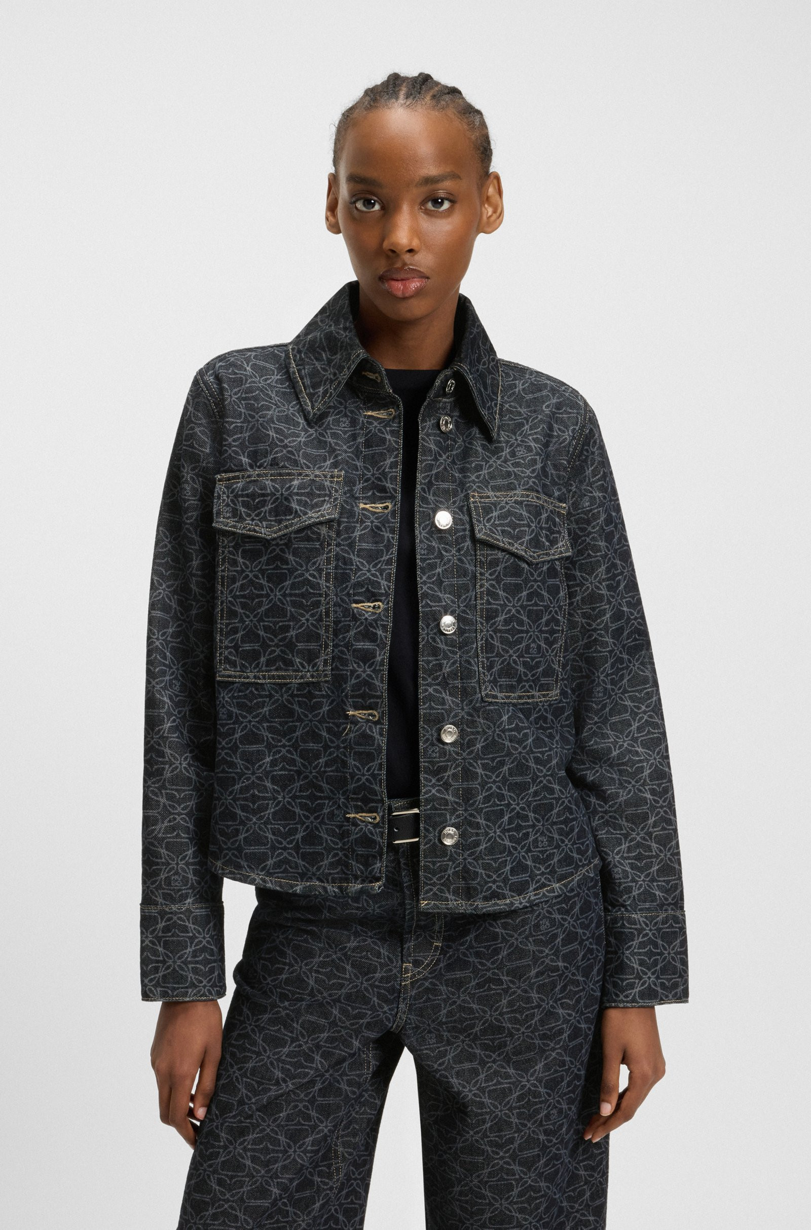 HUGO Rigid-denim jacket with monogram laser print