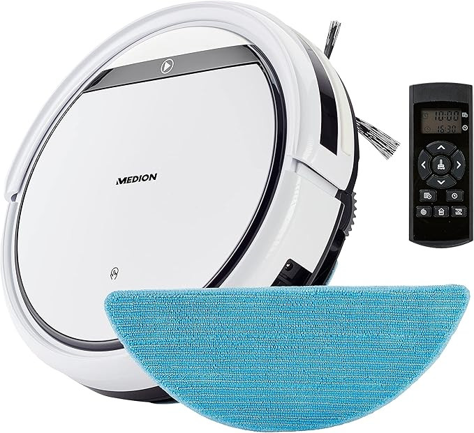 MEDION Robot Vacuum Cleaner with Wiping Function E32 SW (2-in-1 Robot Vacuum Cleaner for Floors, Tiles, Pet Hair Allergy Sufferers, Optimised, Remote Control, Charging Station)