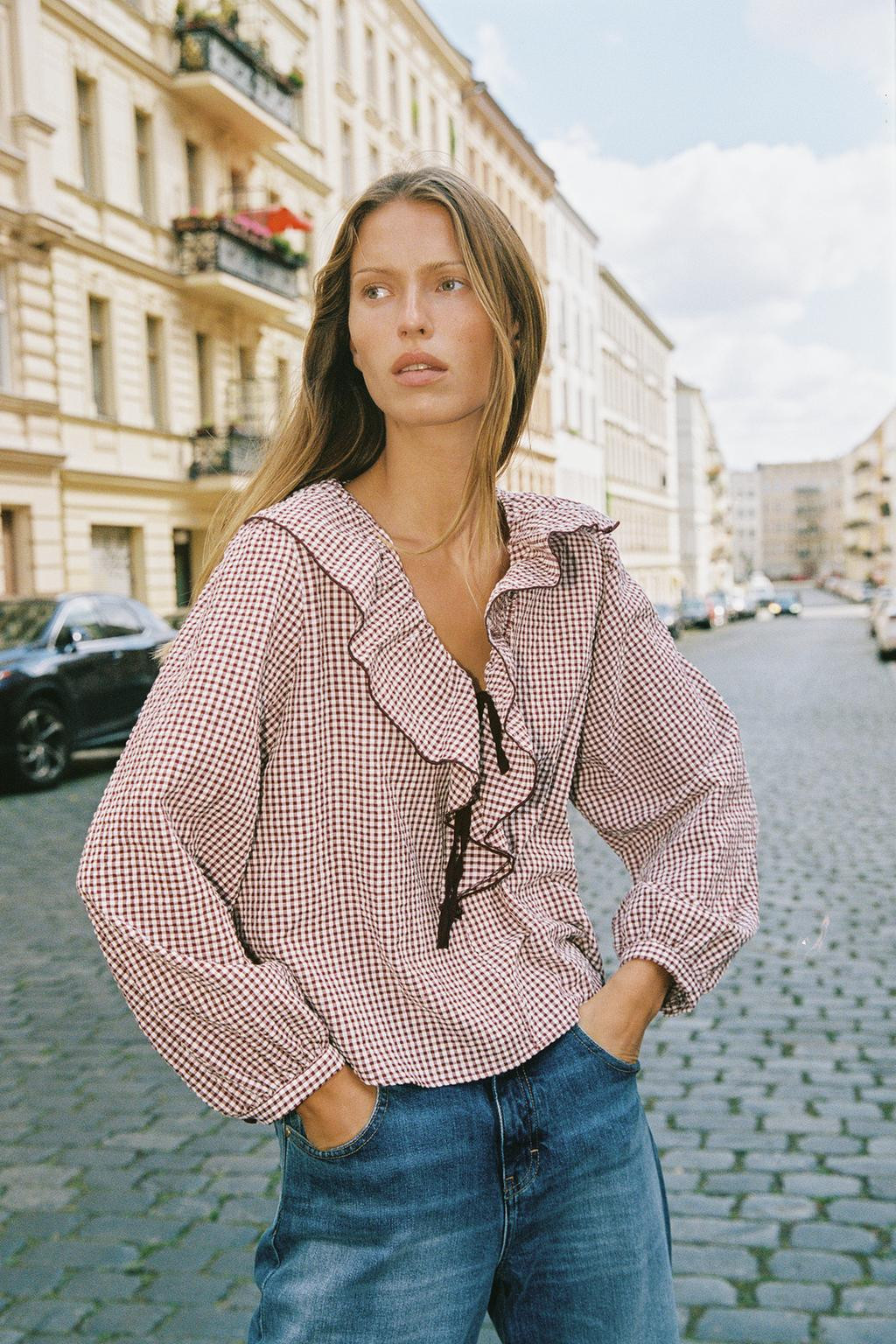 Zara  GINGHAM CHECK RUFFLED BLOUSE