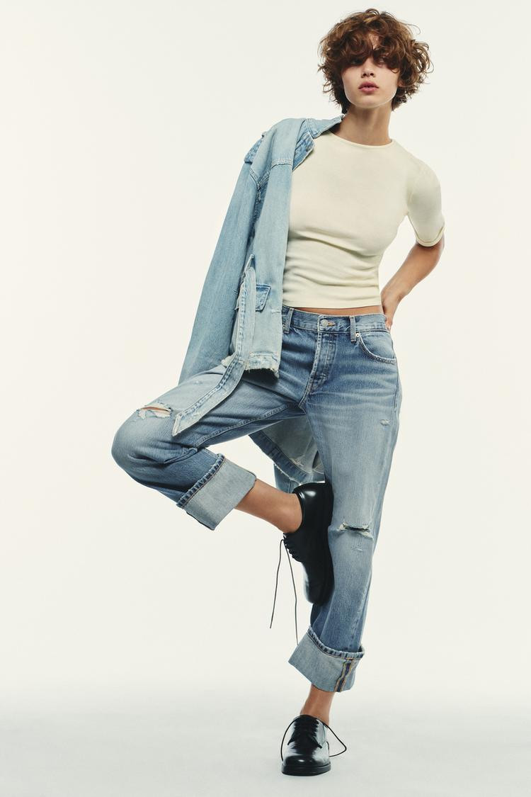 Zara TRF RIPPED STRAIGHT MID-WAIST JEANS