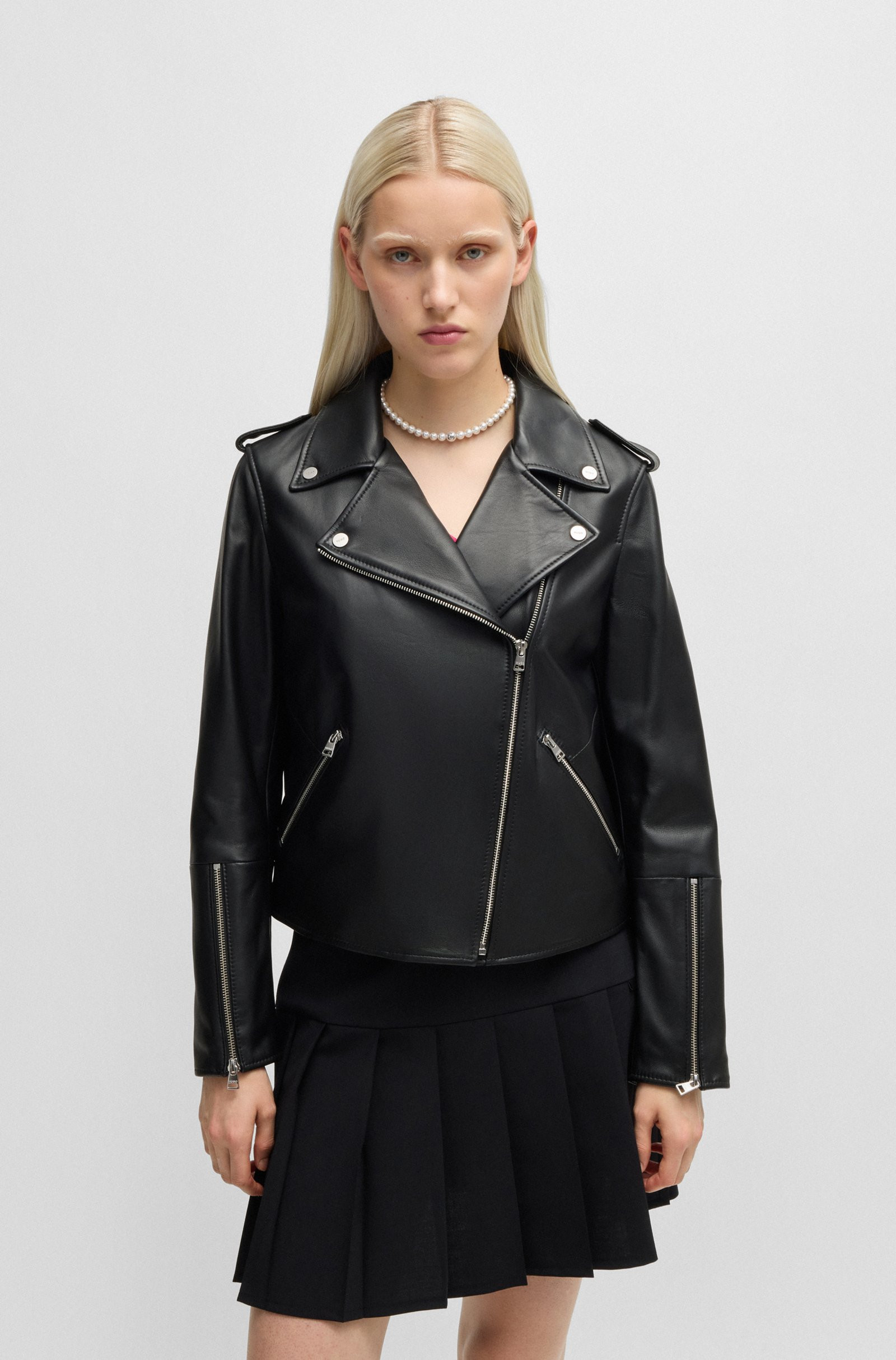 HUGO Regular-fit biker jacket in leather with asymmetrical zip