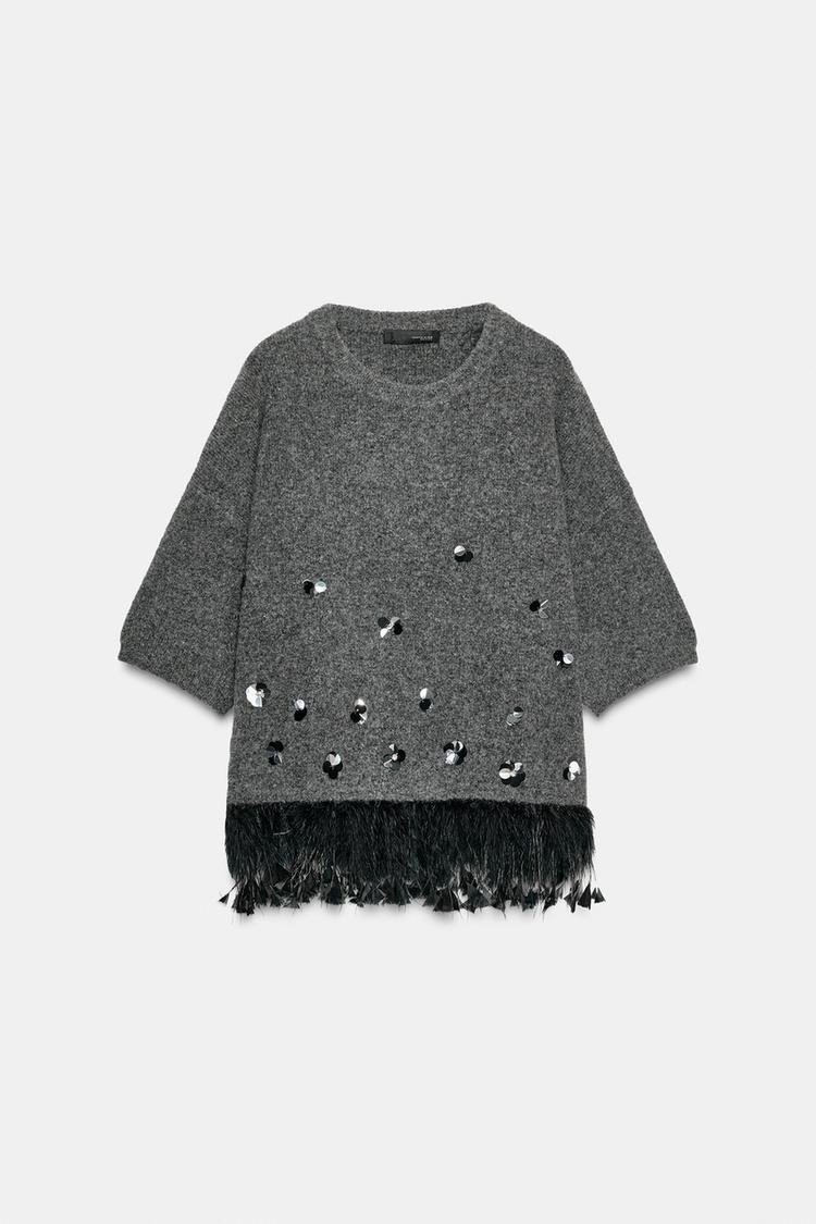 ZARA WOOL, SEQUIN AND FEATHER JUMPER
