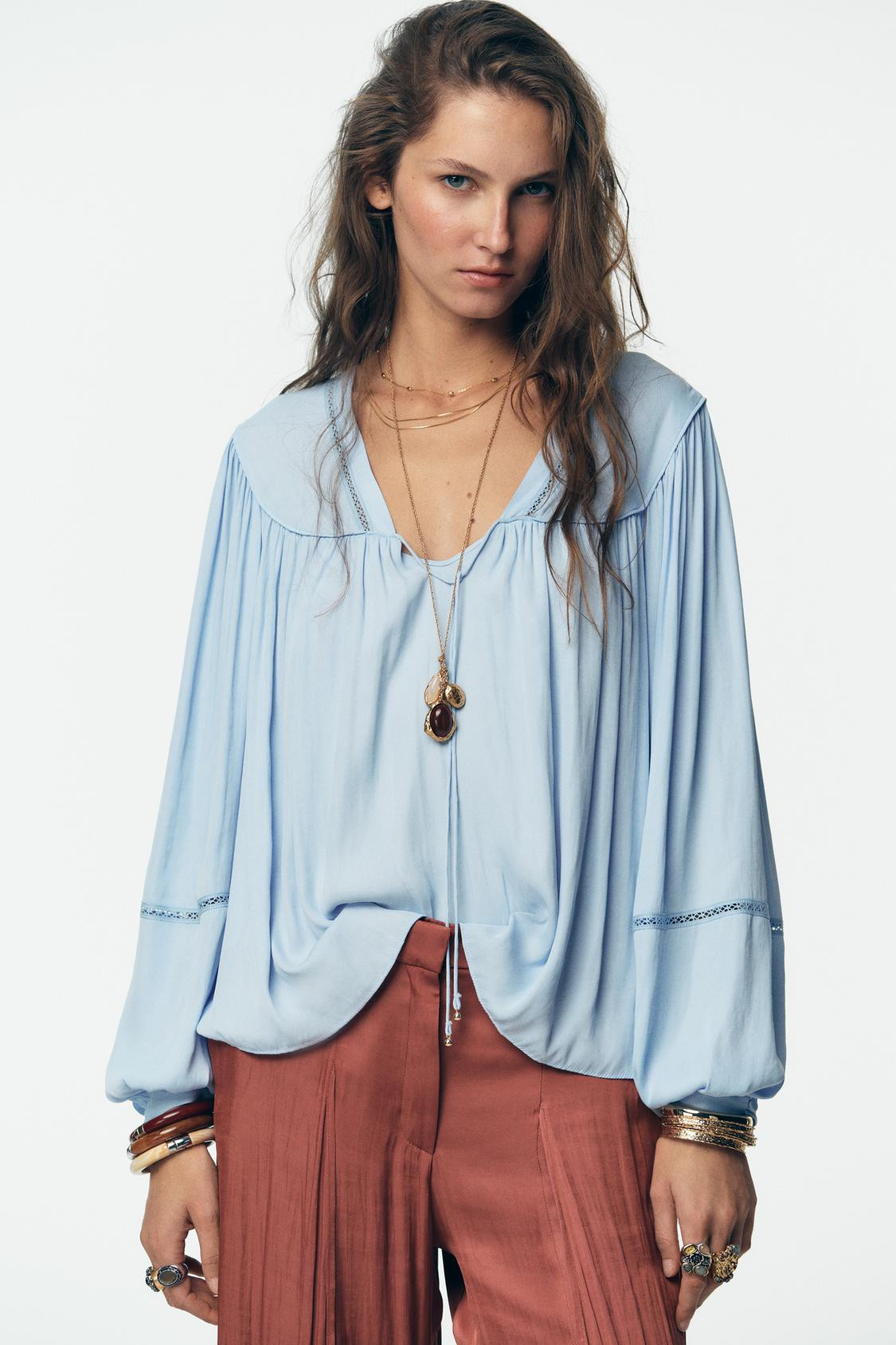 Zara LADDER STITCH FLOWING BLOUSE