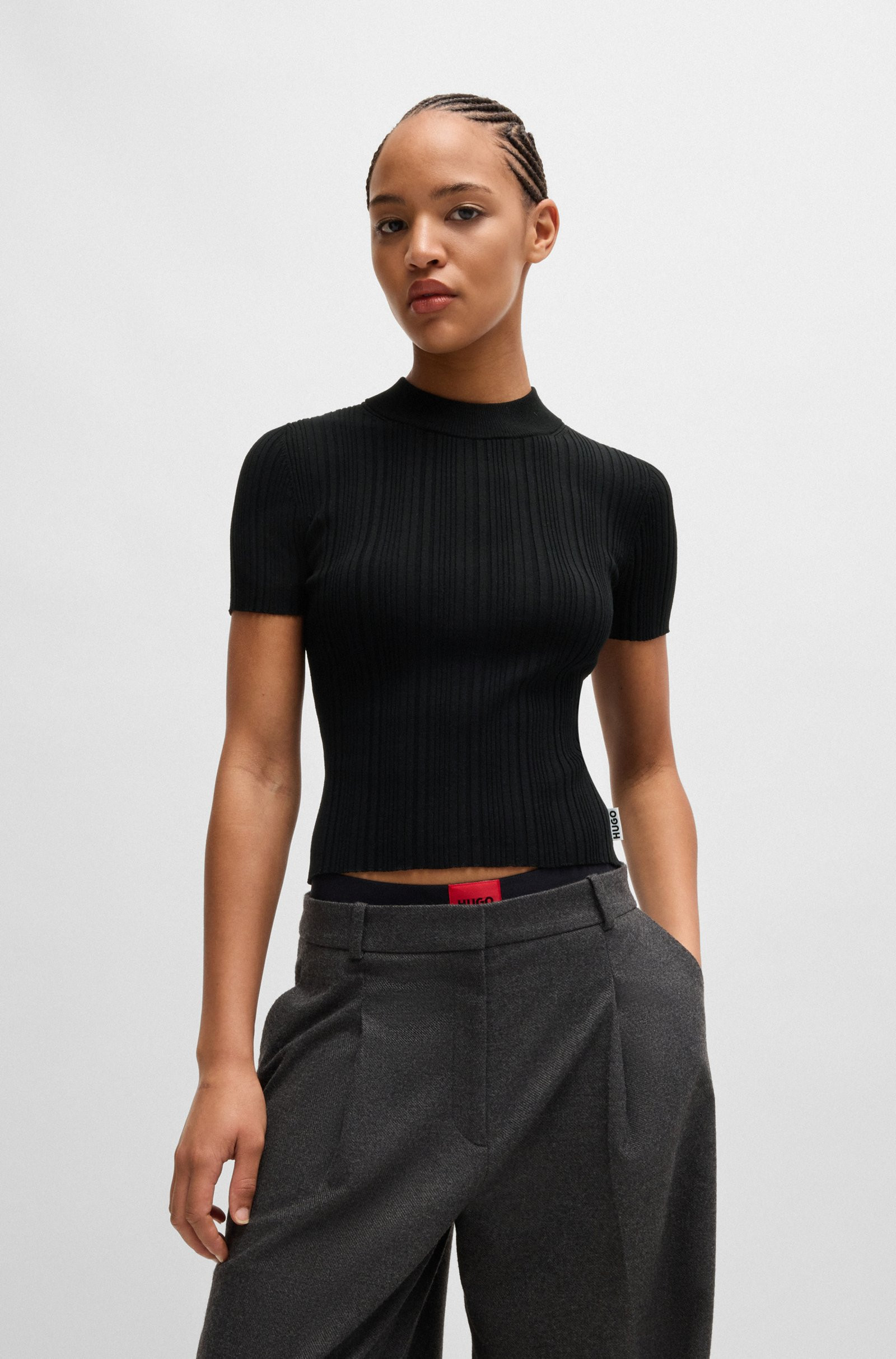 HUGO Mock-neck knit t-shirt with irregular ribbing