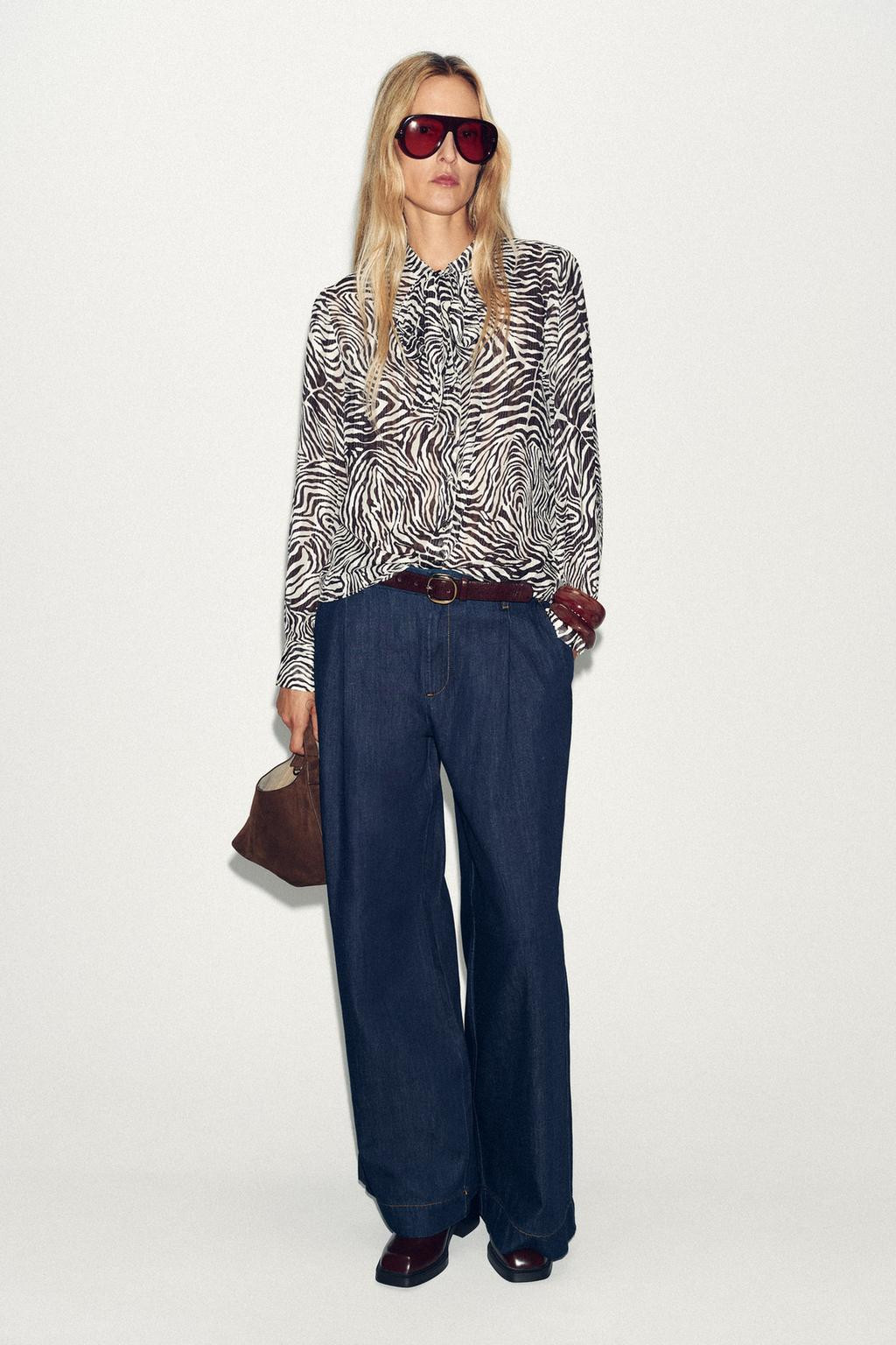 Zara ANIMAL PRINT BLOUSE WITH BOW