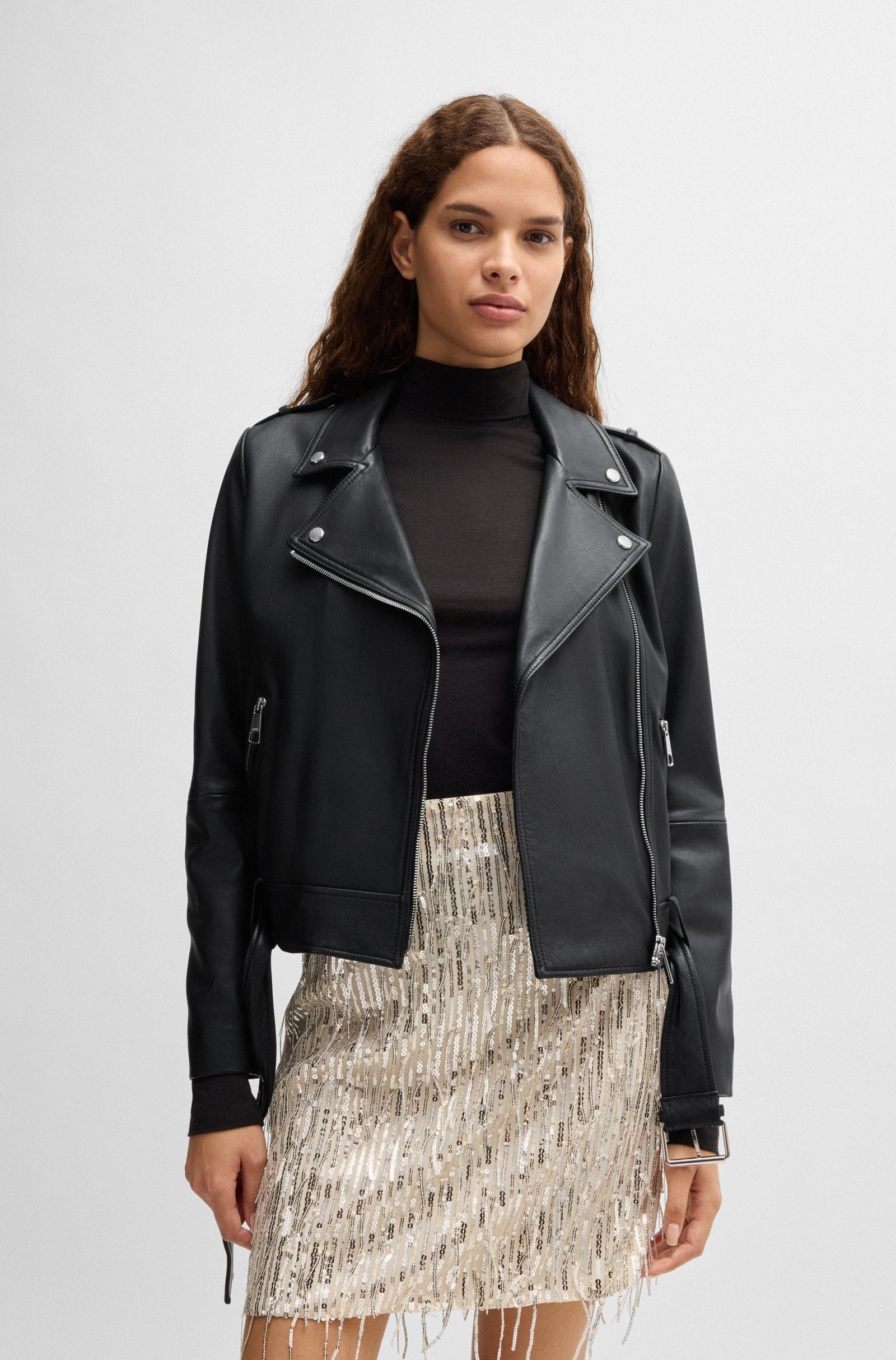 BOSS Regular-fit jacket in nappa leather with buckled belt