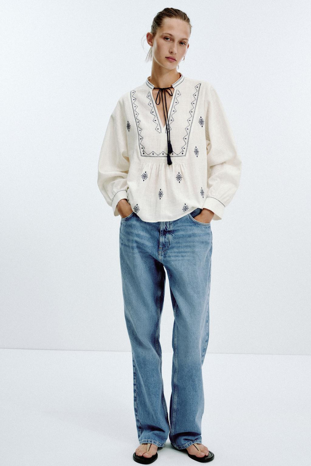 Zara RUSTIC EMBROIDERED BLOUSE