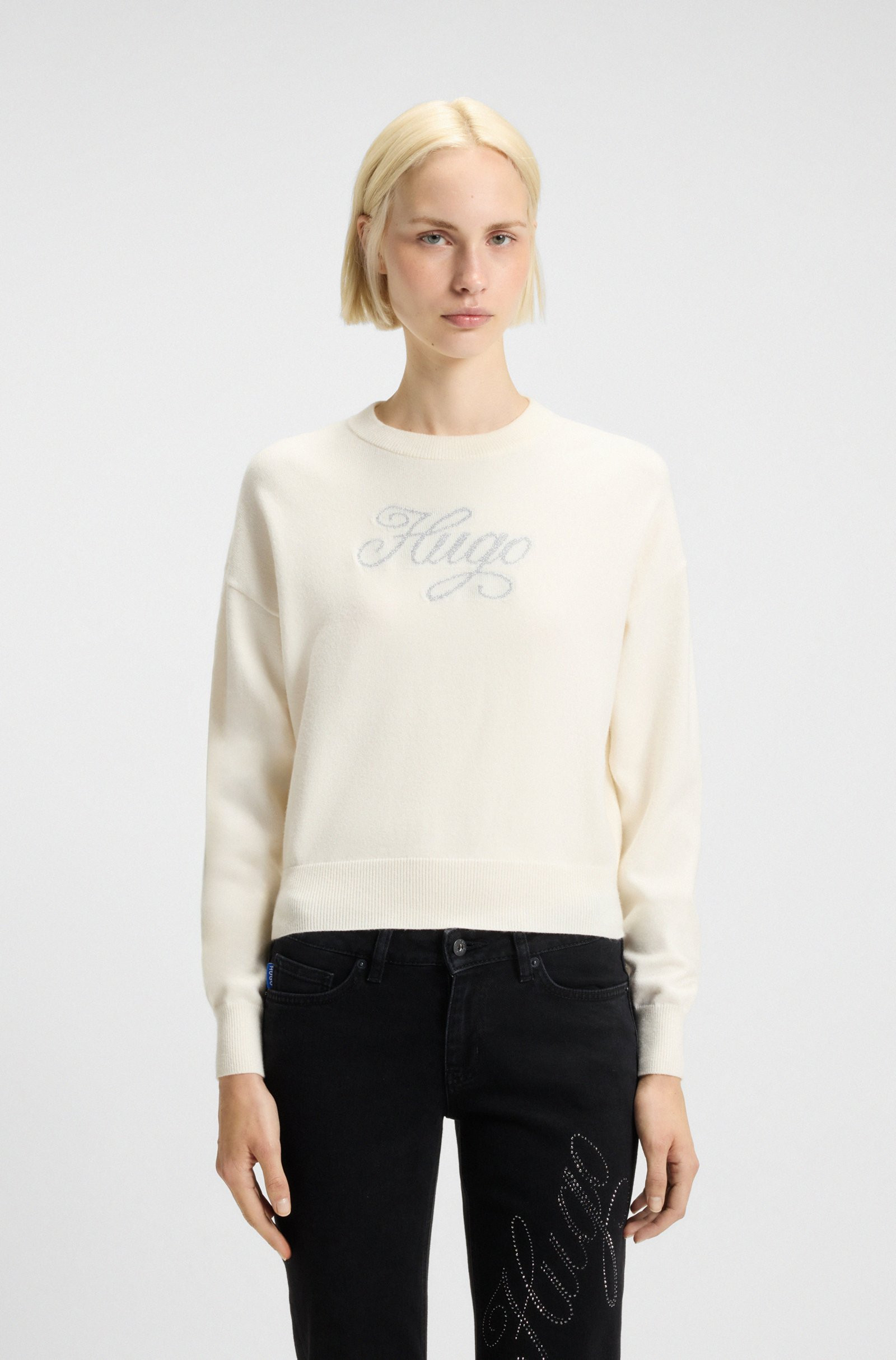 HUGO Relaxed-fit knitted sweater with metallised-yarn logo