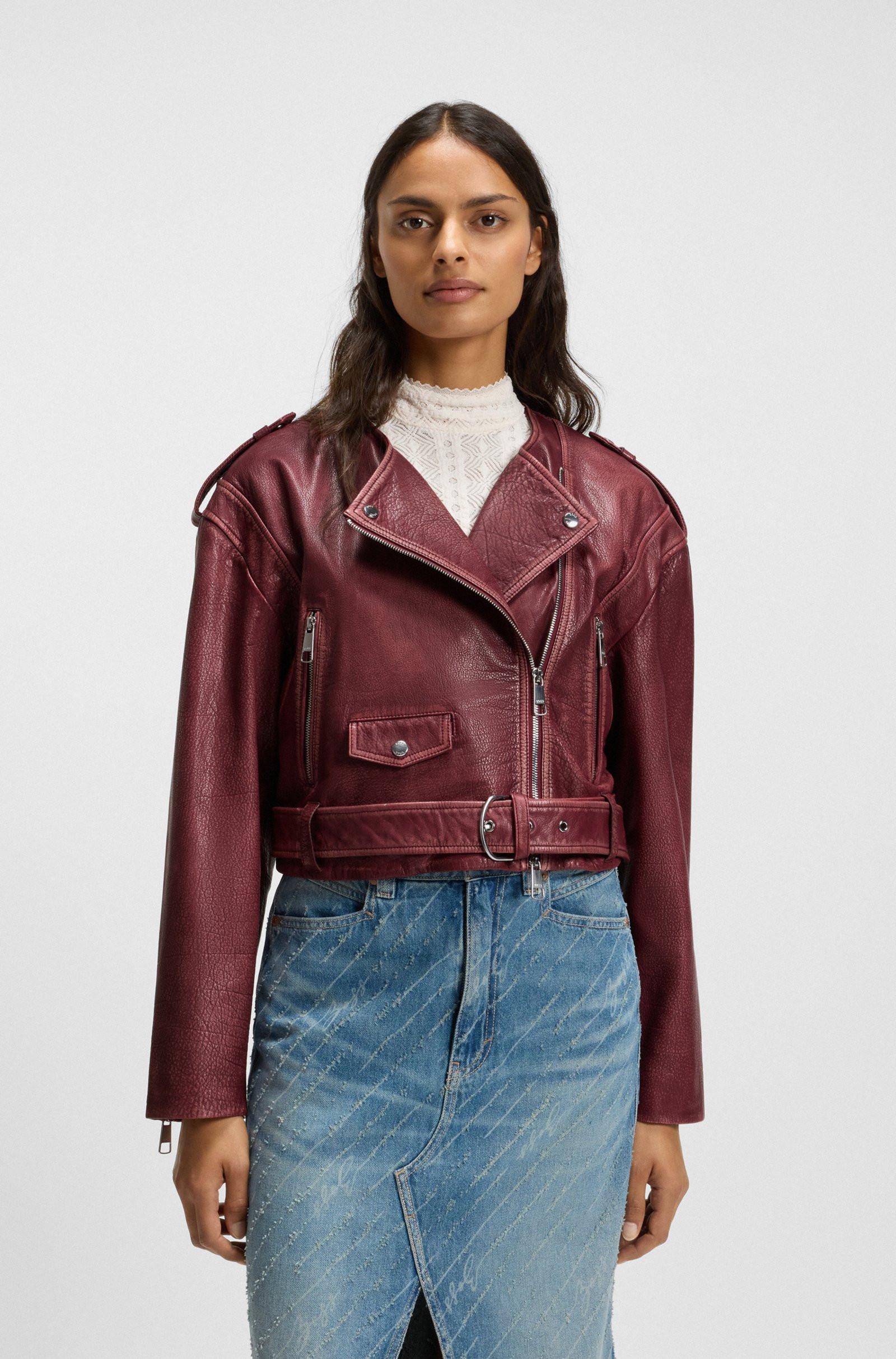 BOSS Cropped biker jacket in grained leather
