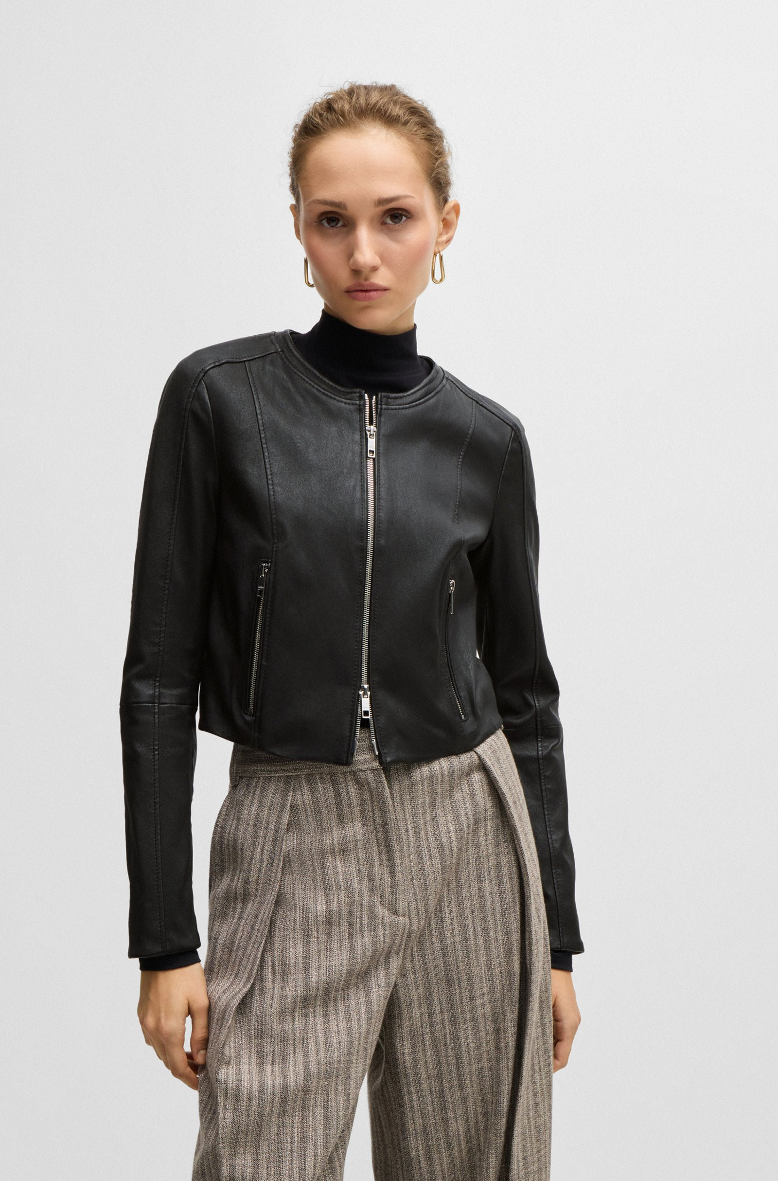 BOSS Collarless leather jacket in a slim fit