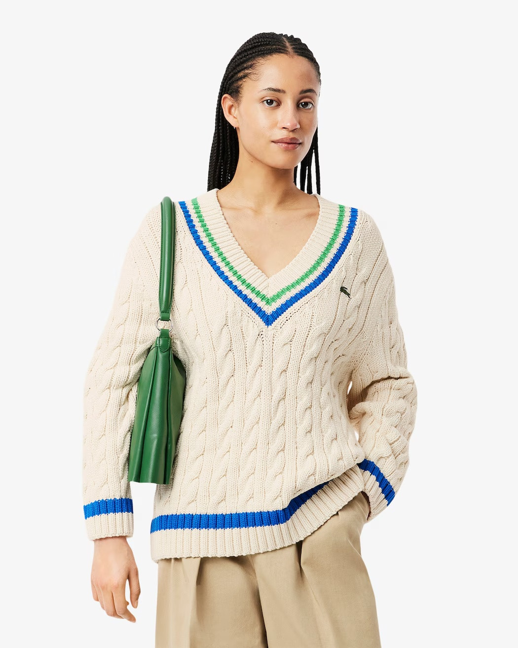 LACOSTE Cotton tennis sweater with V-neck and cable knit pattern