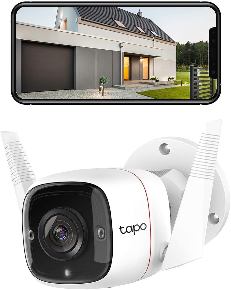 TP-Link Tapo C310 Outdoor Surveillance Camera, WiFi IP Camera, 3MP High Resolution, 30 m Night Vision, Motion Detection, IP66 Waterproof, Alarm Notification, Two Way Audio, Supports Alexa and Google