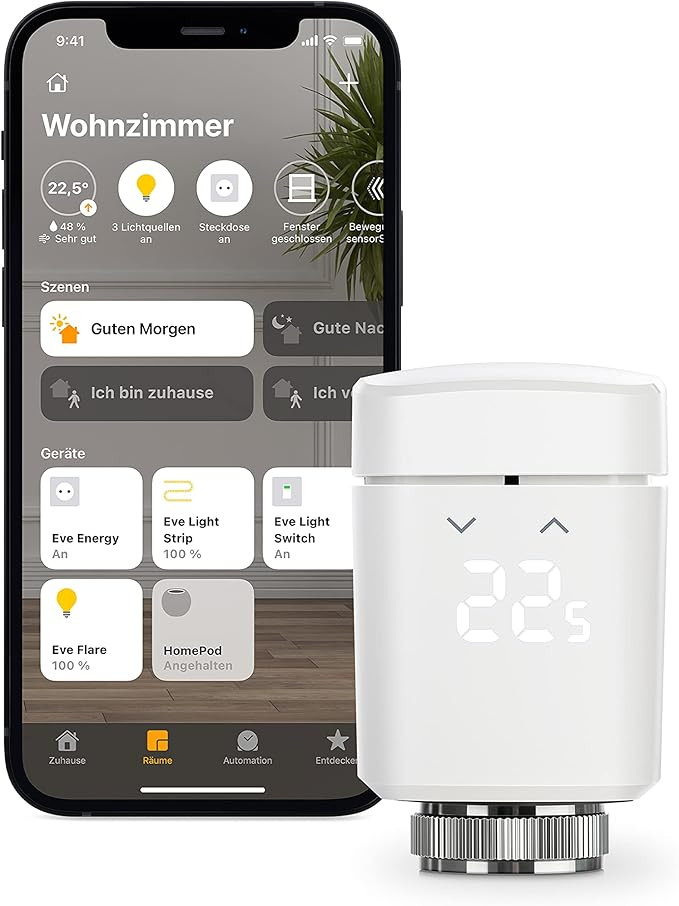 Eve Thermo – smart radiator thermostat, made in Germany, saves heating costs, heating control (app/schedules/attendance), easy to install, Stiftung Warentest tested, thread, Apple HomeKit.
