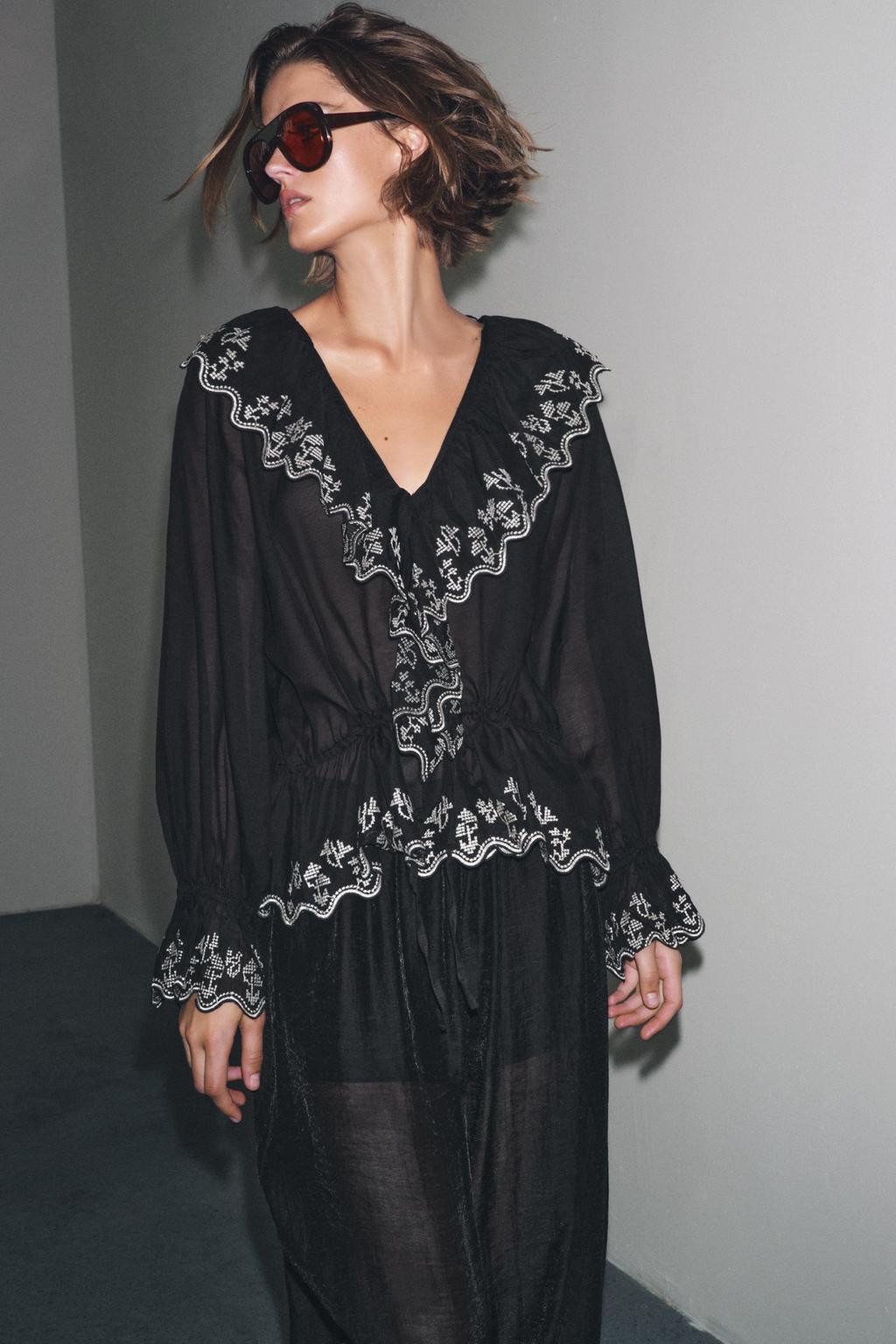 Zara ZW COLLECTION EMBROIDERED RUFFLE BLOUSE