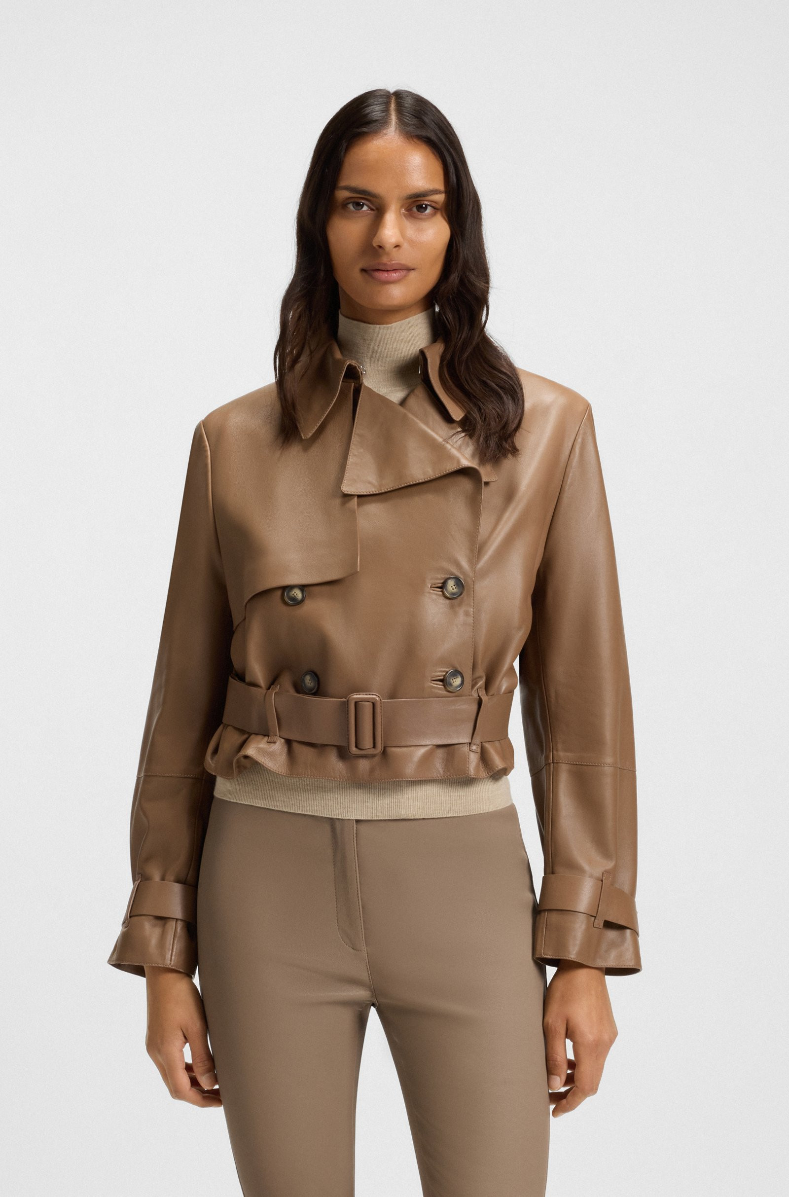 BOSS Trench-style leather jacket with tie-up belt