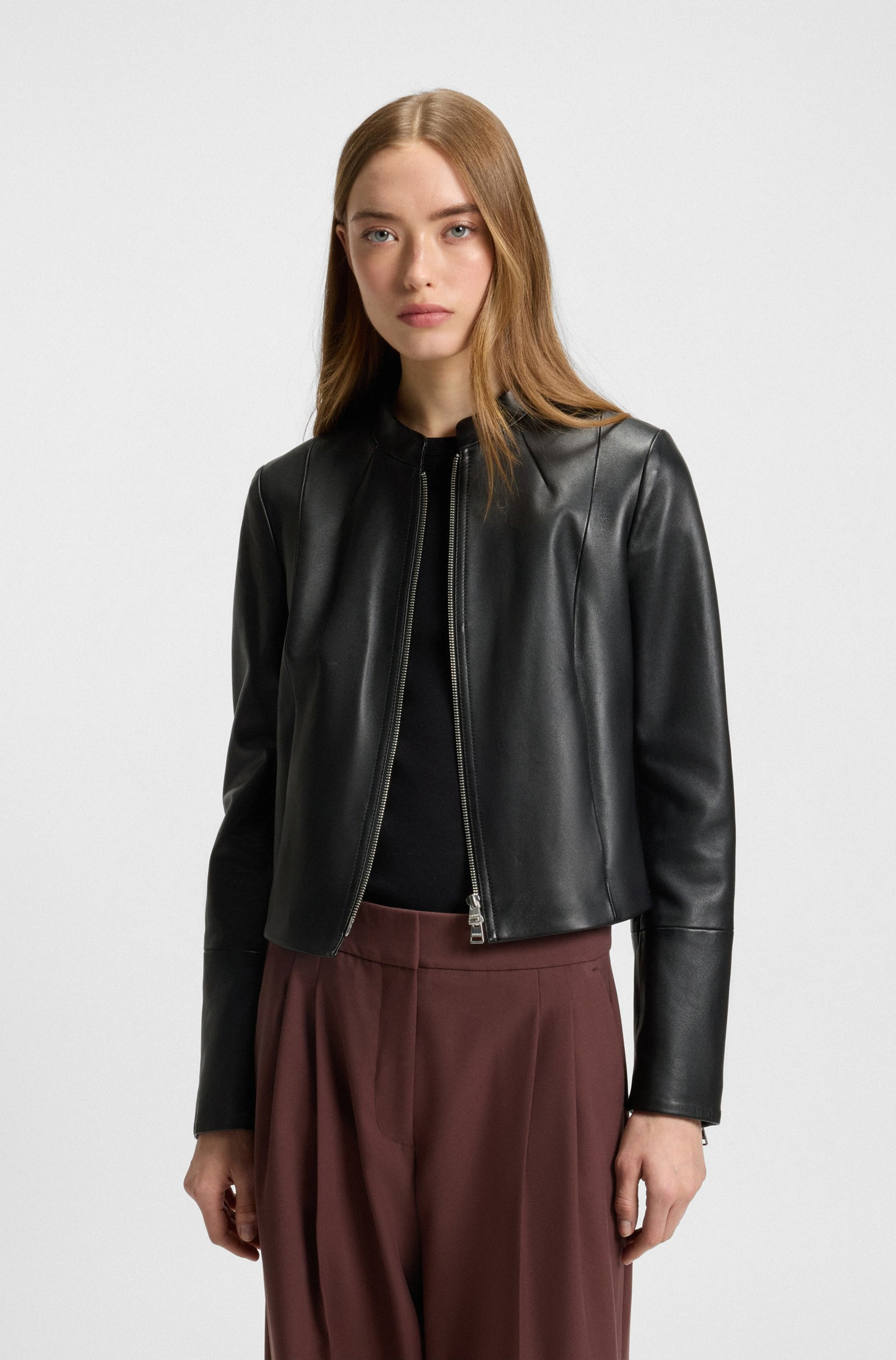 HUGO Regular-fit leather jacket with stand collar