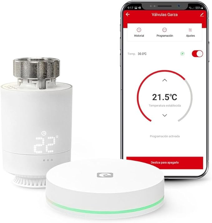 Garza - Starter Kit Zigbee 3.0 Smart Thermostat Head for Thermostatic Radiator Valve + Bridge. Heating Control, LED Display, App Control, Alexa and Google, White