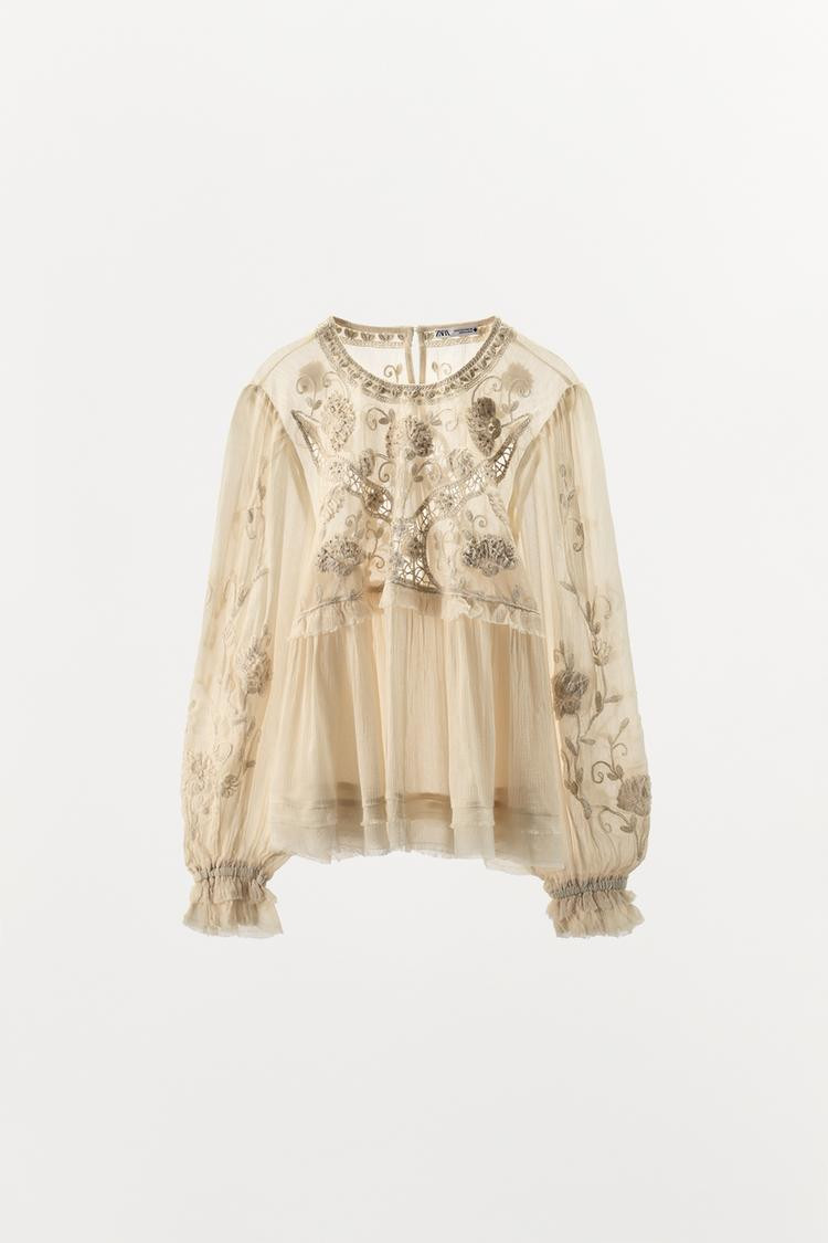 Zara EMBROIDERED AND BEADED STRUCTURED BLOUSE