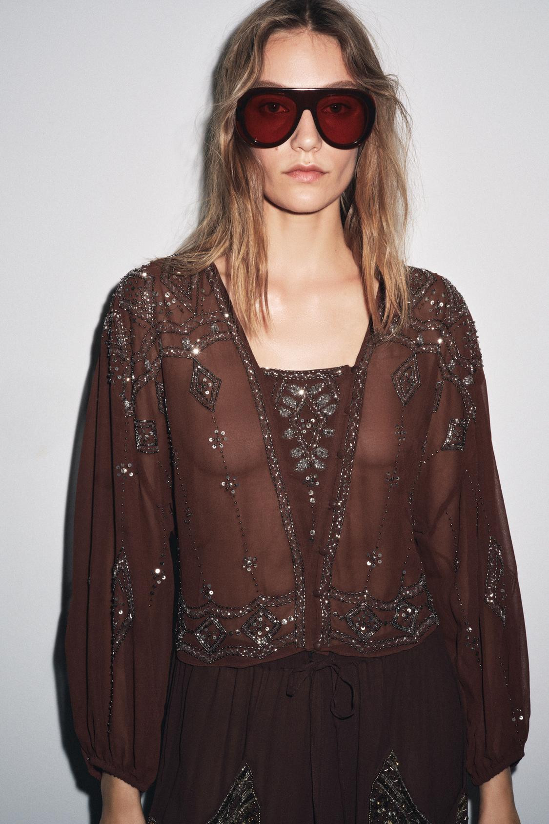 Zara GEORGETTE BLOUSE WITH EMBROIDERY AND BEADING