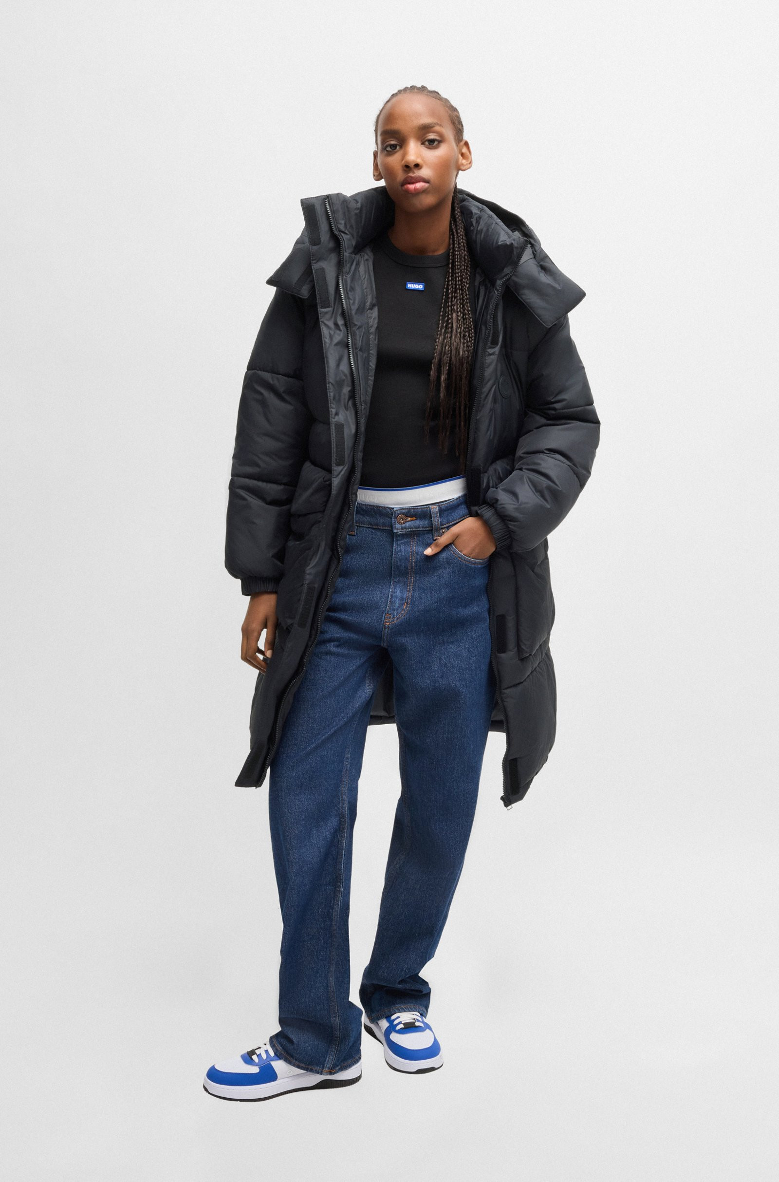 HUGO Long padded jacket with detachable hood