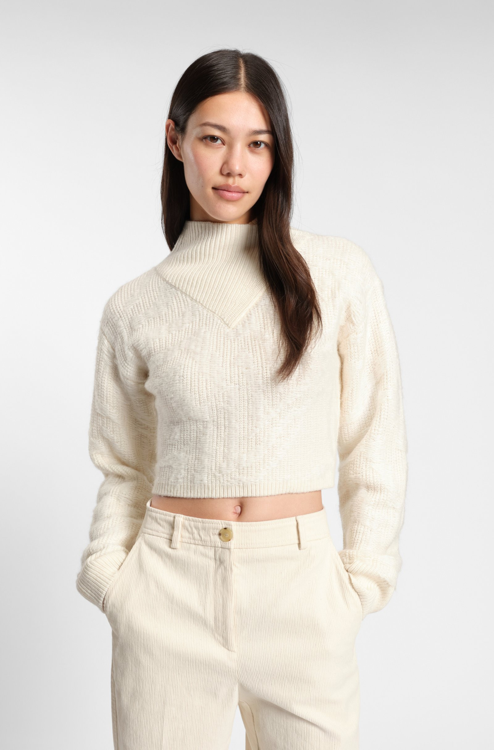 BOSS Cropped wool-blend sweater with layered neckline