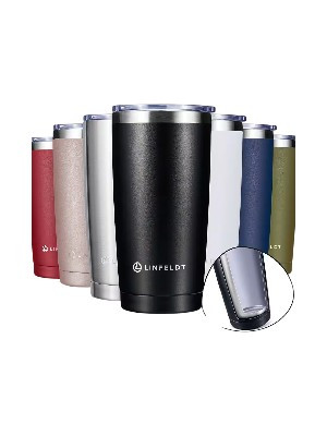 Linfeidt 590 ml travel thermal mug – with plastic lid and rubber seal – keeps drinks hot or cold for 1+ hour