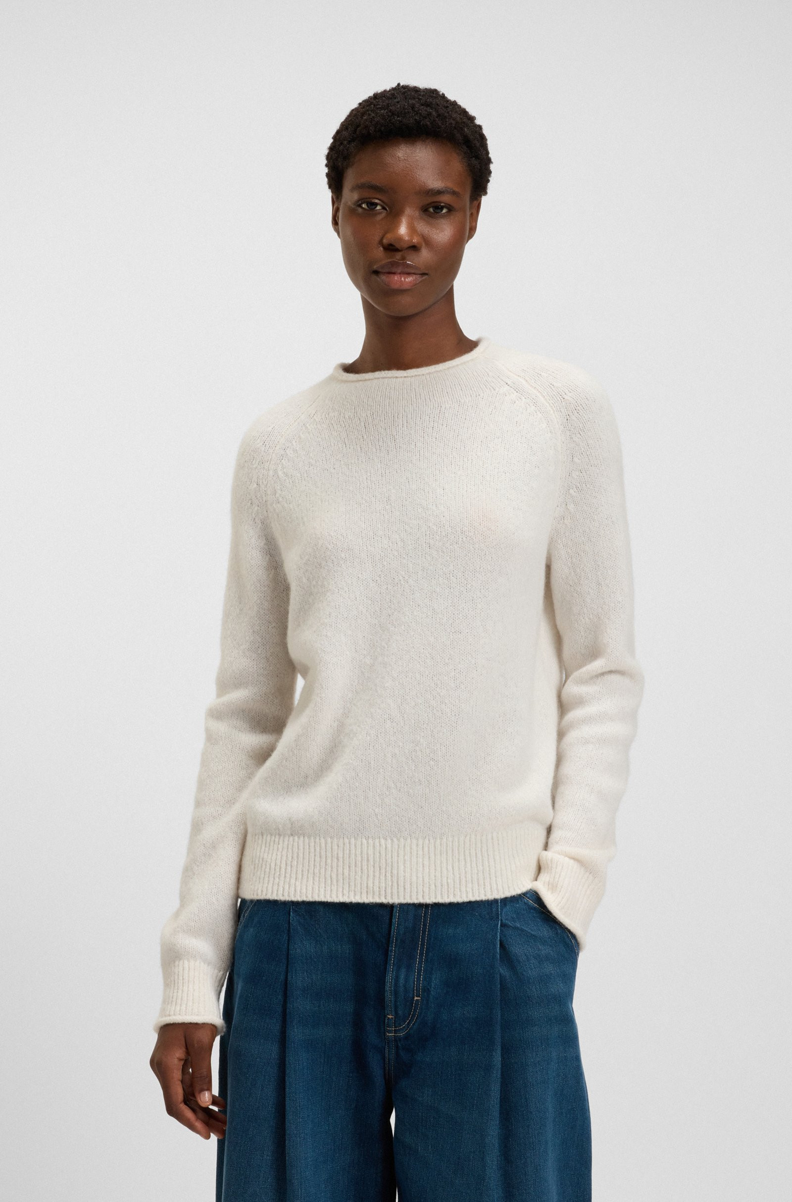 BOSS Wool-blend sweater with rolled collar and cuffs