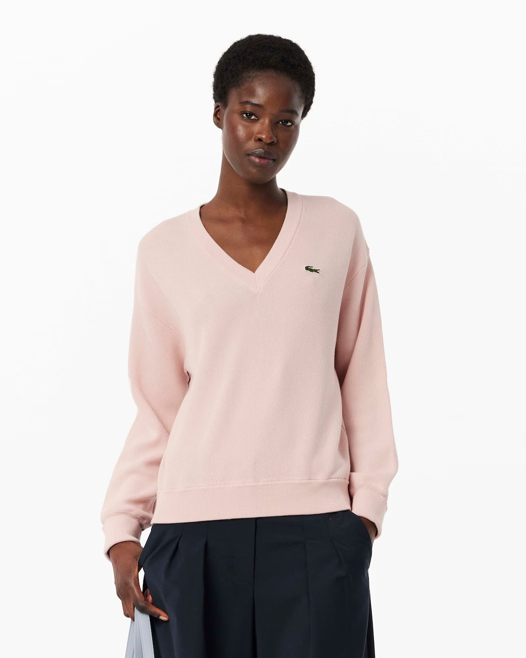 LACOSTE Cotton V-neck sweater with moss knit