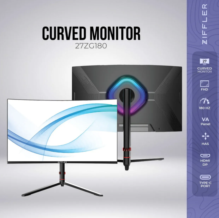 ZIFFLER 27ZG180 Curved monitor (HDMI+DP+Audio out+DC) VA panel 180hz R1800 RGB monitor