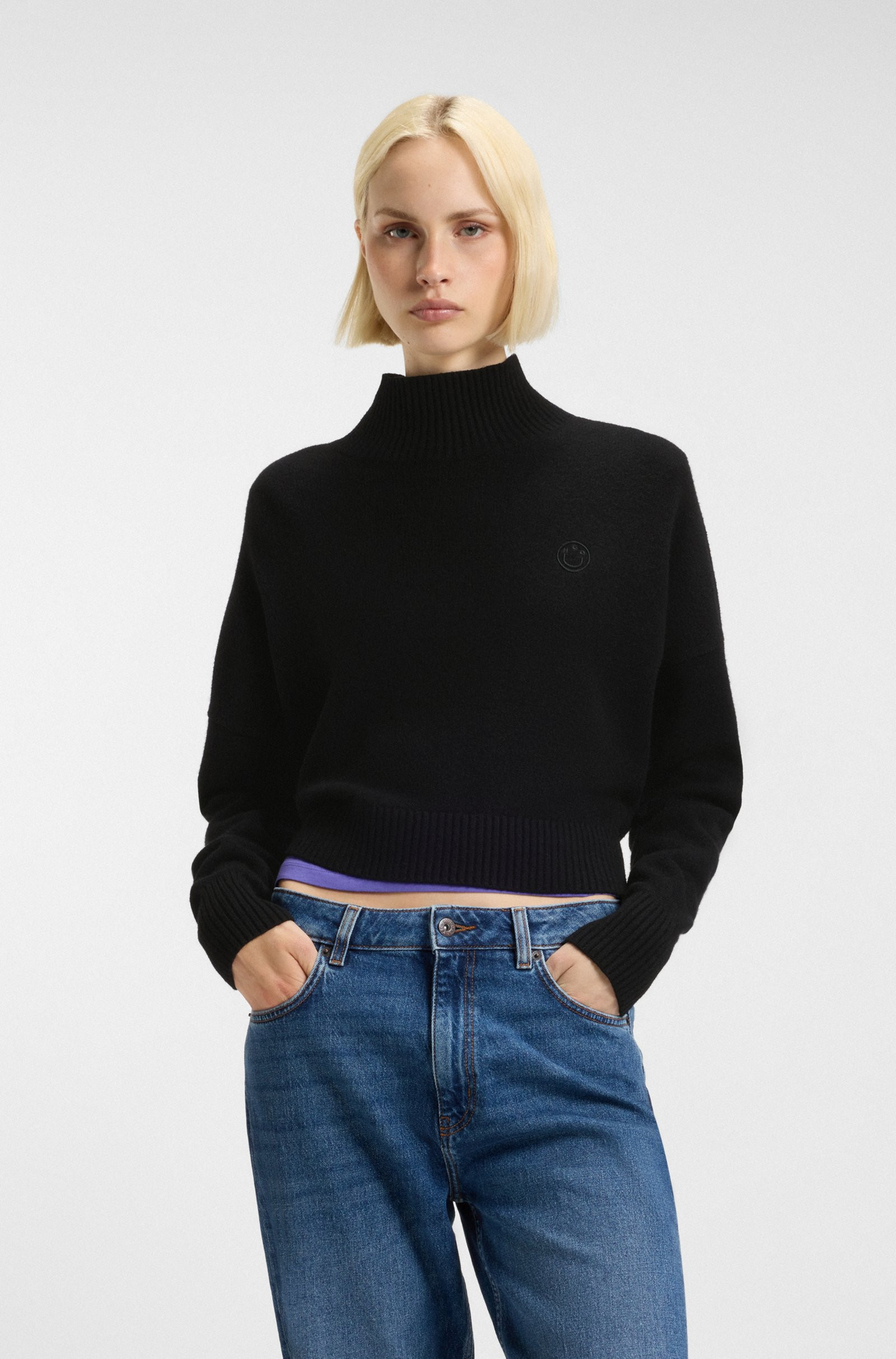 HUGO Cropped rollneck sweater with Happy HUGO logo embroidery