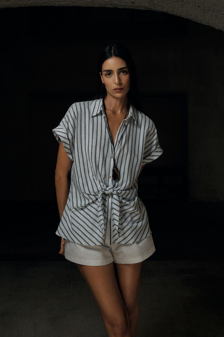 Zara STRIPED KNOTTED LINEN BLEND SHIRT