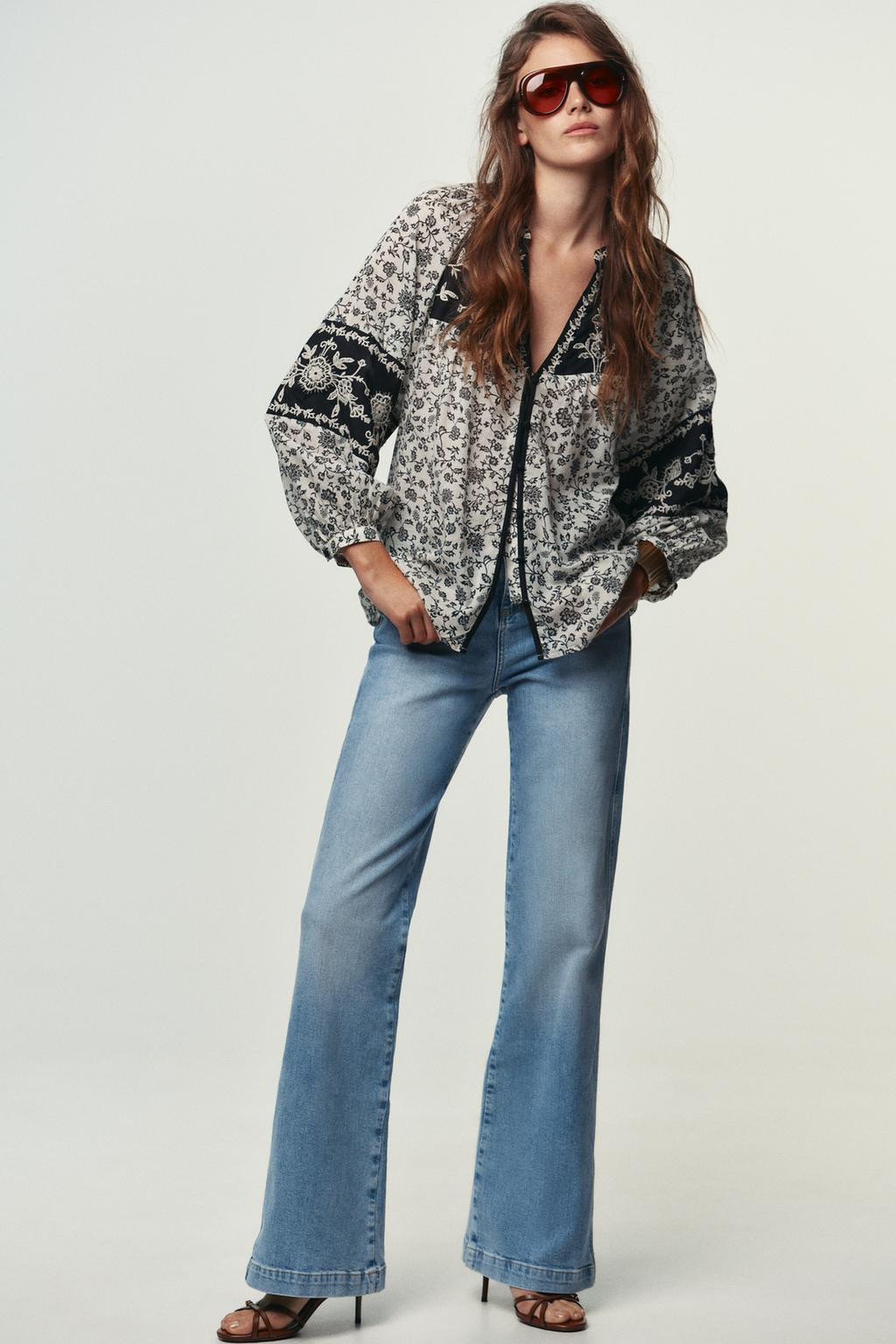 Zara FLORAL PRINT BEADED EMBROIDERED BLOUSE