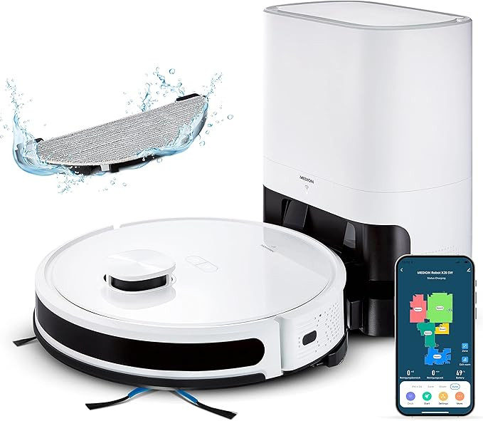 MEDION Robot Vacuum Cleaner with Suction Station and Wiping Function X20 SW+ (Laser Navigation, Strong 3000Pa Suction Power, 2-in-1 Robot Vacuum Cleaner, Precise Map Creation, Go & No Go Areas