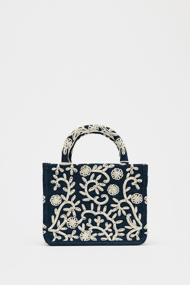Zara EMBROIDERED DETAIL DENIM STRUCTURED CITY BAG